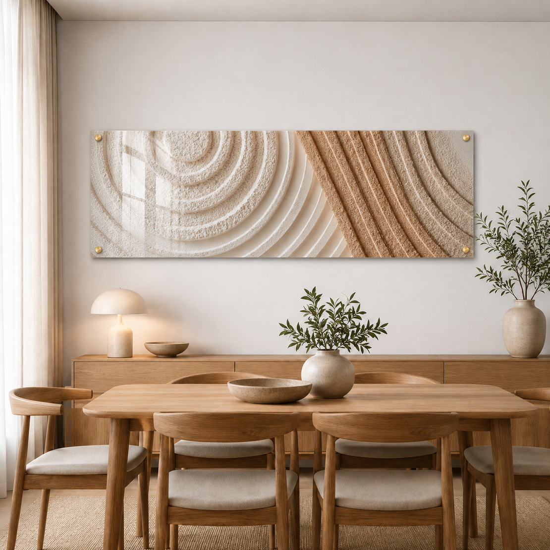 תמונת זכוכית פנורמית – אבסטרקט גיאומטרי מרקמי שמנת ובז'