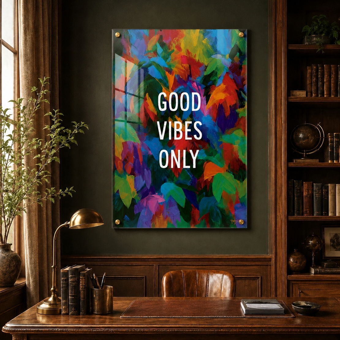 Good Vibes צבעוני – תמונת זכוכית אבסטרקטית עם מסר חיובי – דגם GT9434