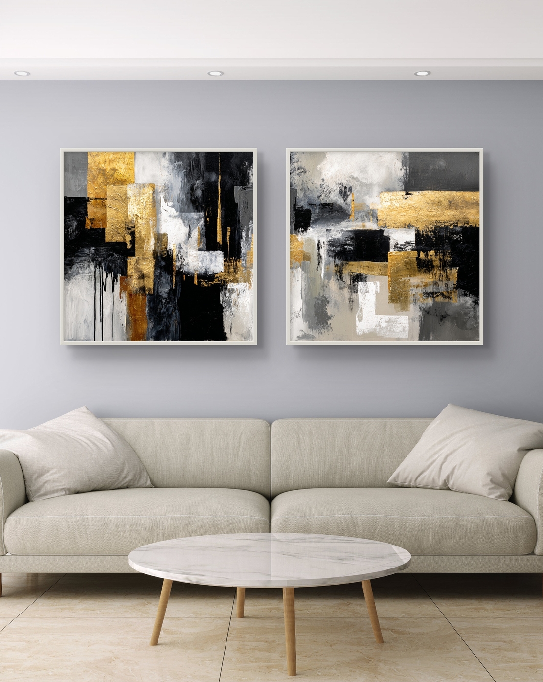 זוג תמונות קנבס מרובעות אבסטרקט שחור זהב לסלון מודרני