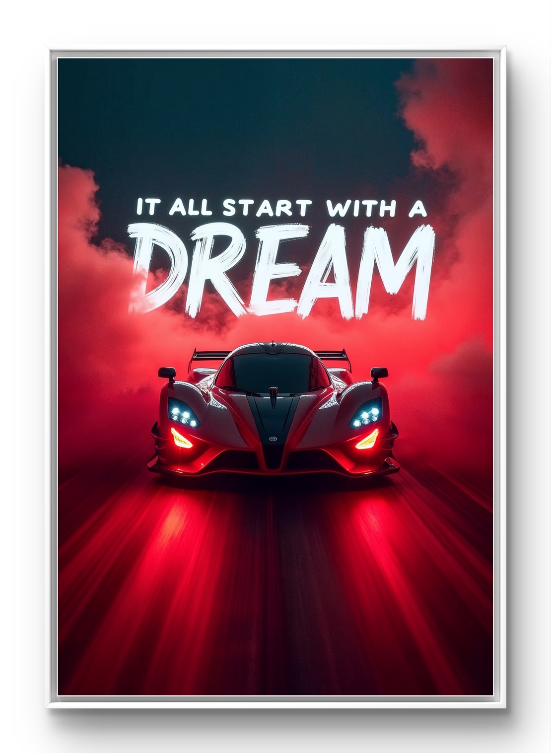 תמונת קנבס לאורך עם רכב אדום וכיתוב “It all start with a dream”, עיצוב מודרני ואיכותי מבית תכשיט לבית.