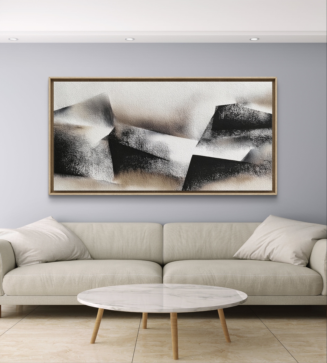 תמונת קנבס לרוחב בעיצוב אבסטרקט גאומטרי בגווני שחור, אפור ושמנת בסגנון מינימליסטי