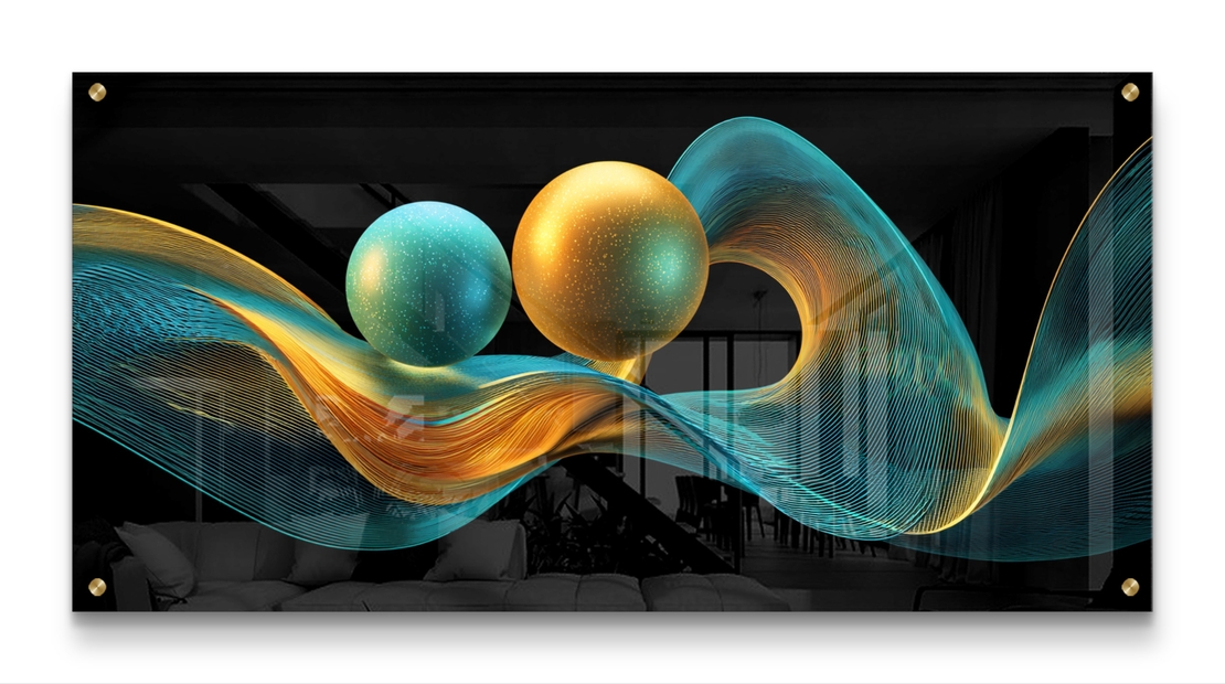 תמונת זכוכית לרוחב בעיצוב אבסטרקטי עם קווים גליים וכדורים בגווני טורקיז וזהב על רקע שחור, בהדפסה חלקה לעיצוב סלון מודרני ויוקרתי.