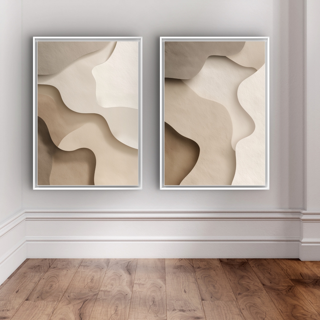 זוג תמונות קנבס בגווני בז ושמנת עם צורות אורגניות רכות