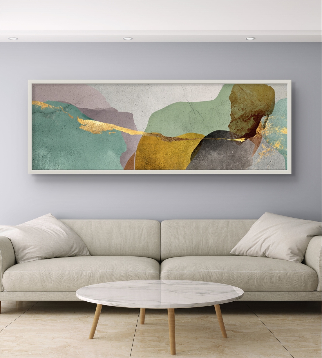 תמונת קנבס אבסטרקטית בגווני מנטה, בז׳, חום וזהב עם קו זהב דק