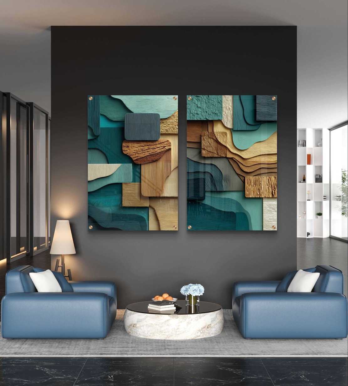 תמונת זכוכית זוגית בעיצוב אבסטרקטי עם שכבות גאומטריות בגווני ירוק, עץ וחומים, מודפסת בהדפסה חלקה ומודרנית