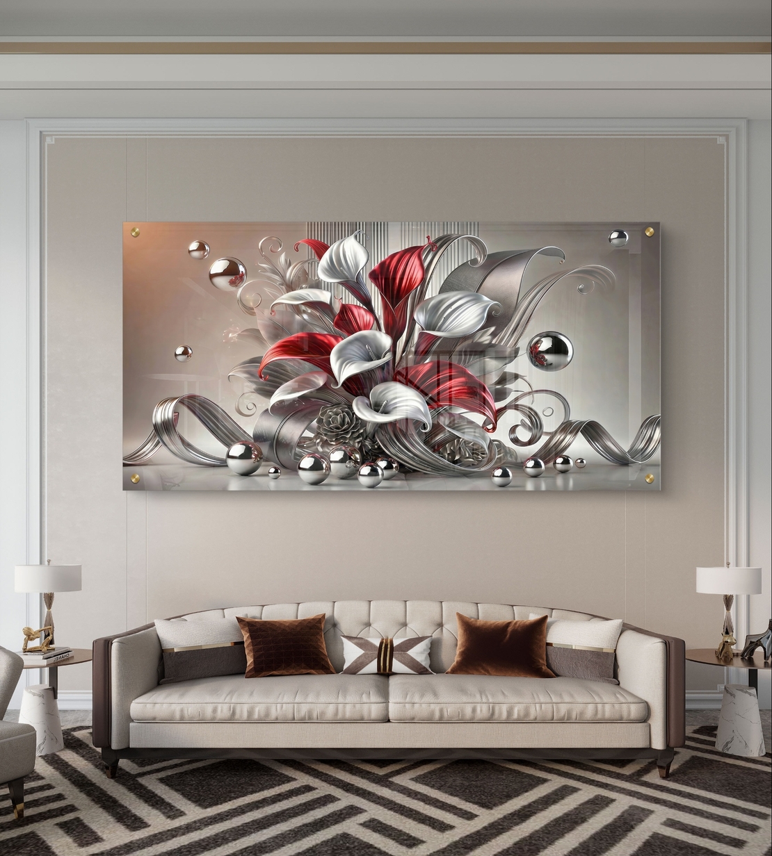 ליליות כרום ארגמן – תמונת זכוכית יוקרתית עם פרחים אדומים־לבנים ואלמנטים כסופים | PN2502