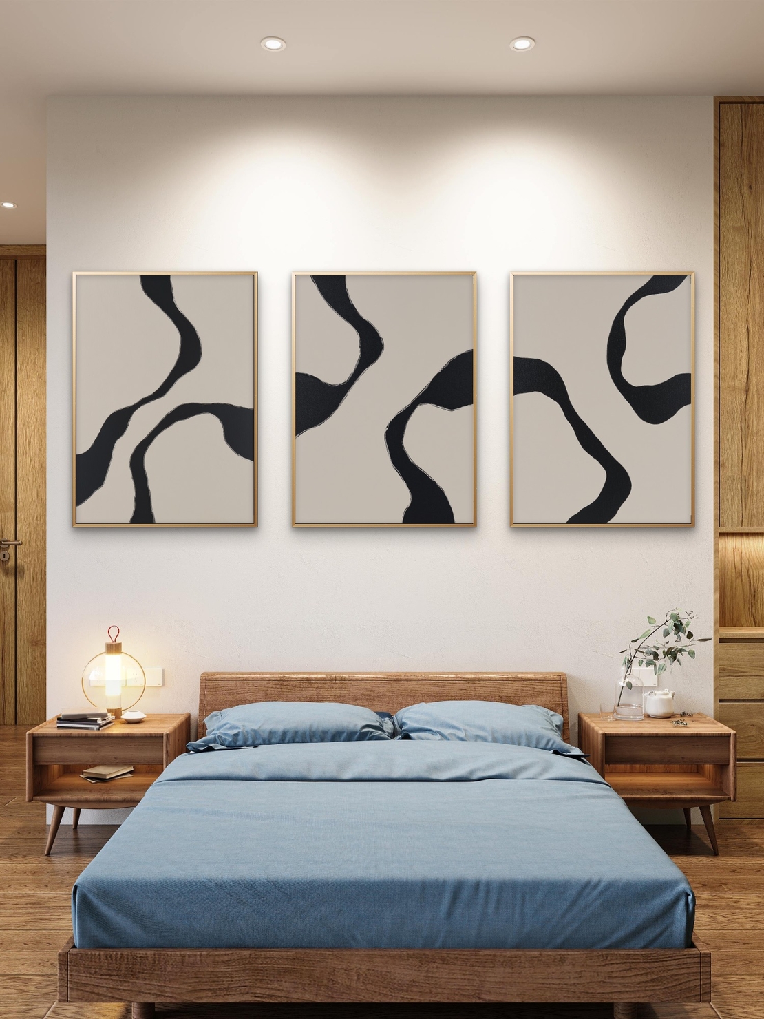 שלישיית תמונות קנבס בעיצוב אבסטרקטי בגווני בז' ושחור, הדפסה חלקה, קולקציית NEXTGEN BY BAR מבית תכשיט לבית.