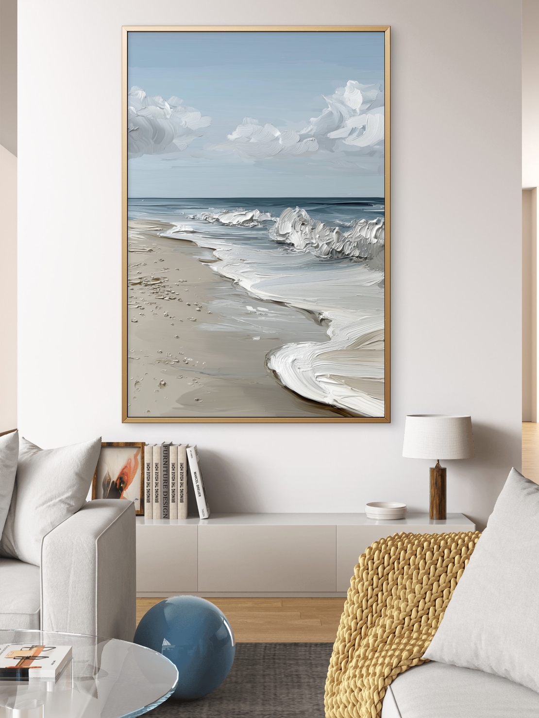 תמונת קנבס נשימת האוקיינוס – נוף ים רגוע עם גלים לבנים וחוף חול בהיר, בעיצוב יוקרתי מתוך קולקציית NEXTGEN BY BAR של תכשיט לבית.