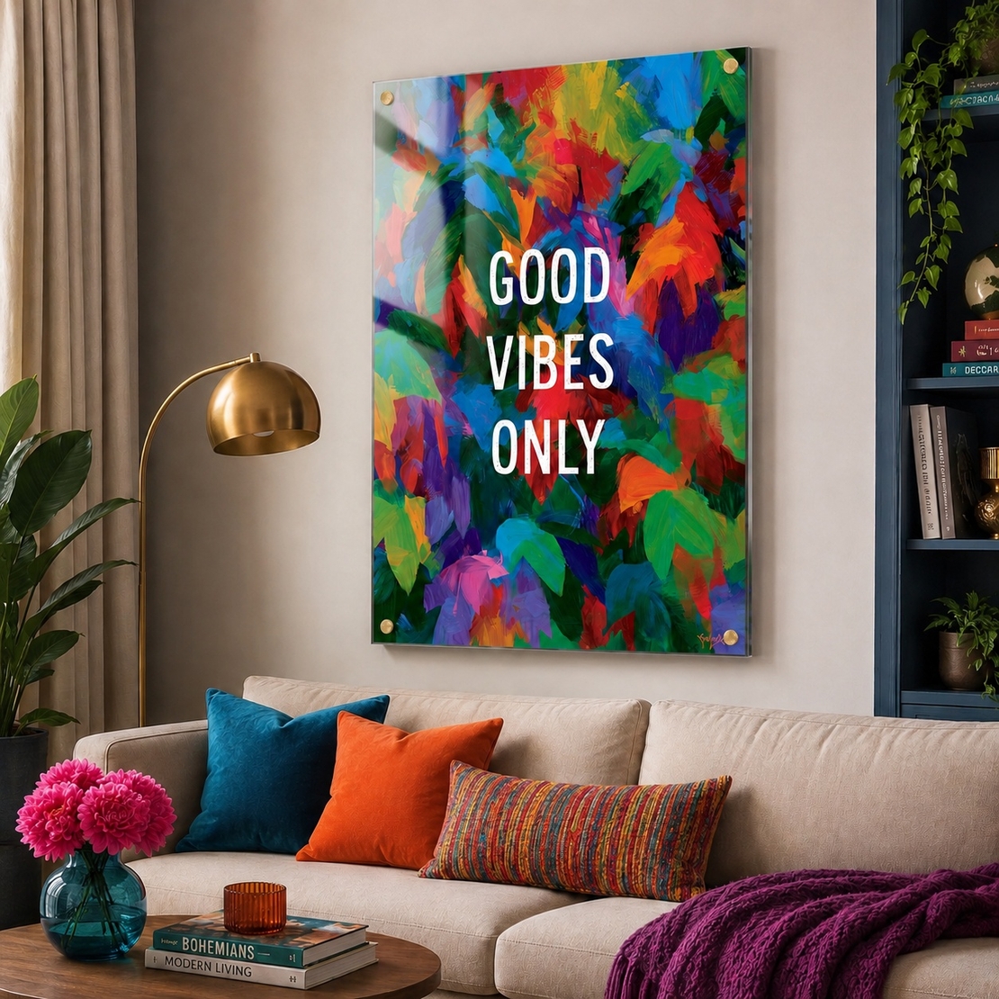 Good Vibes צבעוני – תמונת זכוכית אבסטרקטית עם מסר חיובי – דגם GT9434