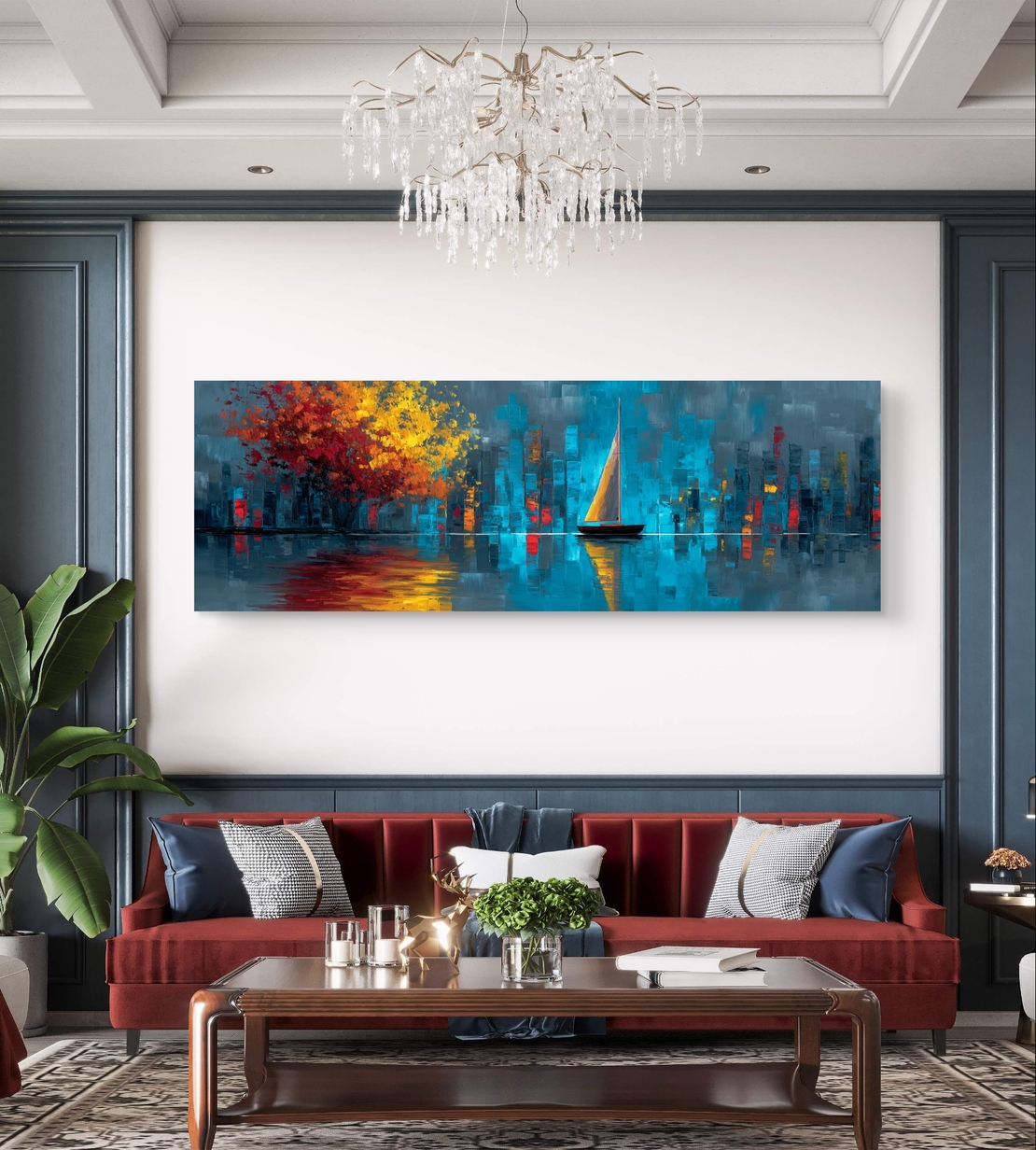 יצירת אמנות לקיר עם שילוב כחול עמוק, זהב ושלכת חמה.