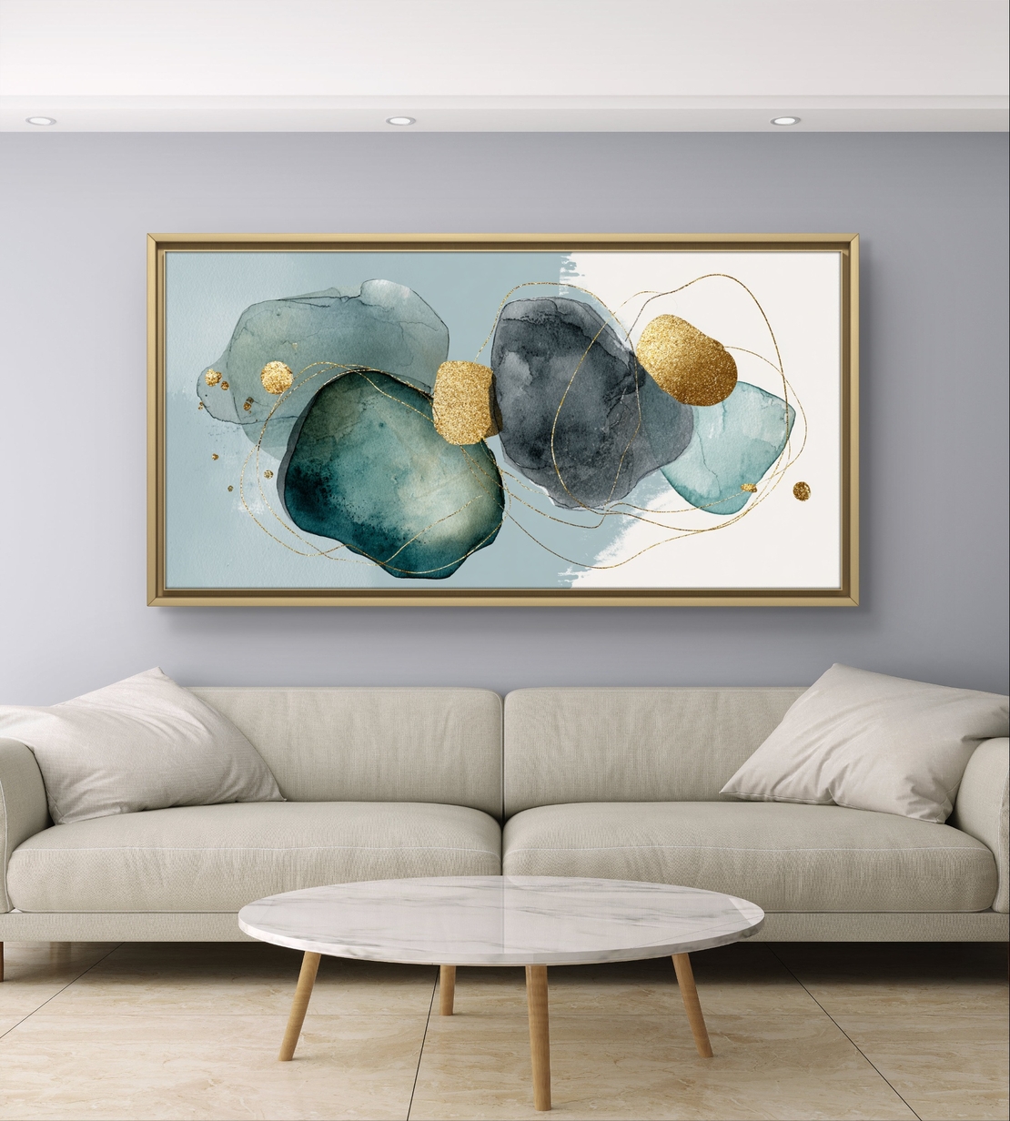 תמונת קנבס לרוחב בסגנון אקוורל בגווני טורקיז אפור וכחול עם נגיעות זהב עדינות – תכשיט לבית