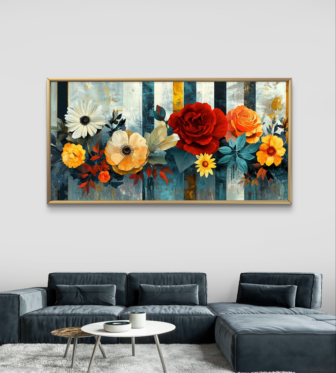 תמונת קנבס לרוחב עם פרחים צבעוניים בגווני אדום, כתום ושמנת על רקע מודרני בגווני כחול וזהב.