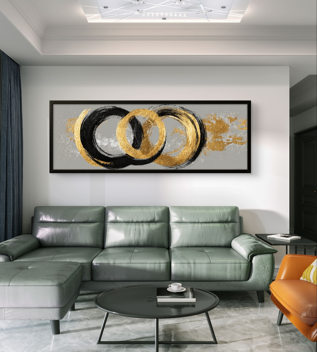 תמונת קנבס פנורמית אבסטרקטית עם מעגלים בגווני שחור וזהב על רקע אפור בעיצוב מודרני ויוקרתי