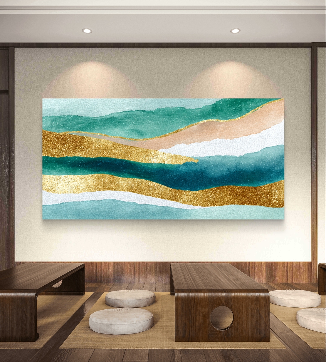 תמונת קנבס אבסטרקט טורקיז וזהב לרוחב – גלי אקוורל יוקרתיים | CJ6531