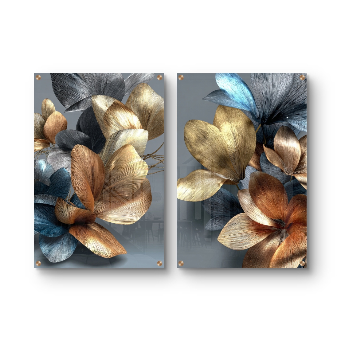 תמונת זכוכית זוגית עם פרחים אבסטרקטיים בגווני זהב, ברונזה וכחול עמוק, הדפסה חלקה ללא תבליט בעיצוב יוקרתי