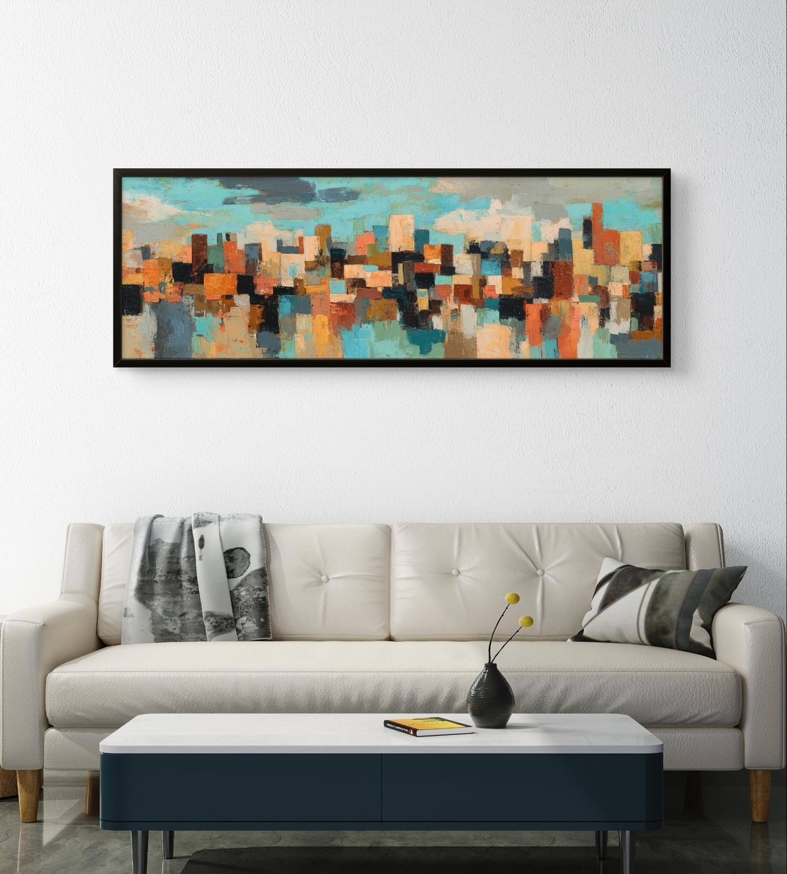 מטרופולין צבעוני – תמונת קנבס פנורמית אבסטרקטית בקו עירוני בגווני טורקיז, חמרה ושחור | CT4671