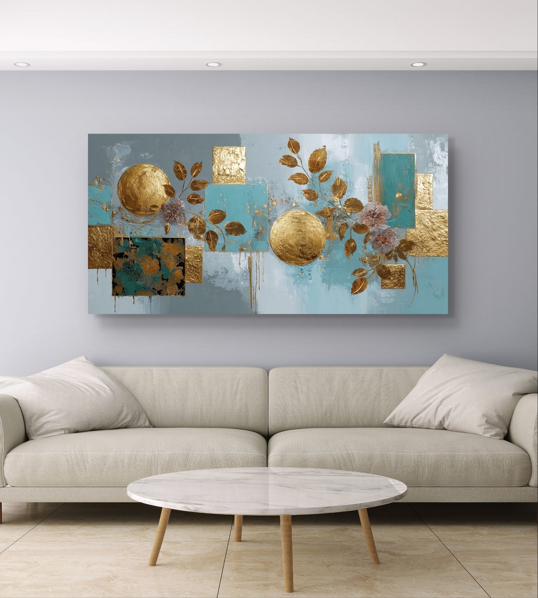 תמונת קנבס לרוחב בעיצוב אבסטרקטי בגווני תכלת וזהב עם אלמנטים גיאומטריים ועלים דקורטיביים לסלון