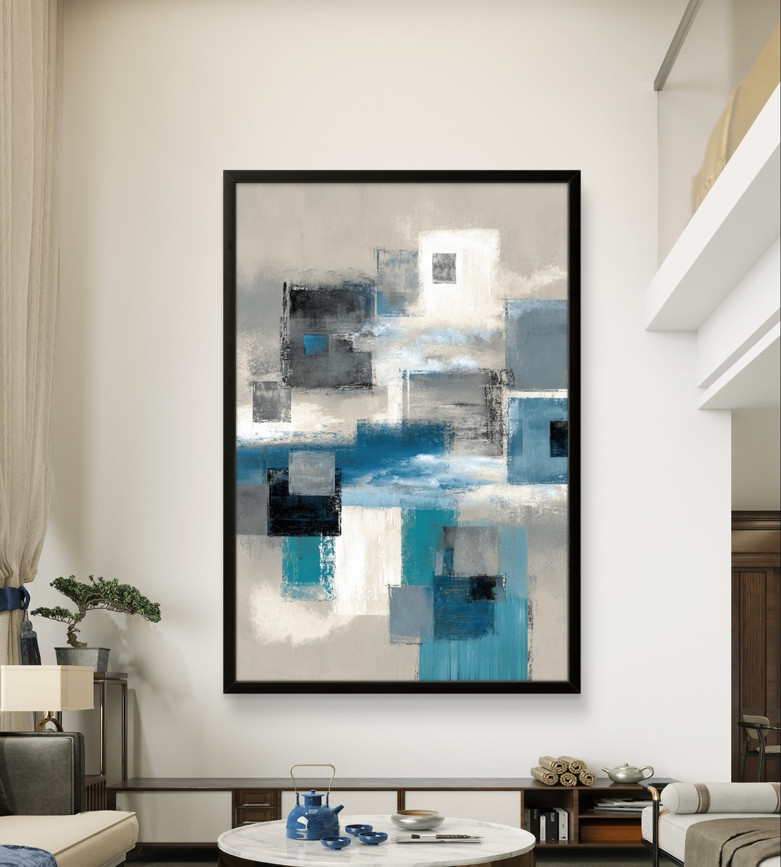 בלוקים כחולים – תמונת קנבס אבסטרקט גיאומטרית בכחול, אפור ולבן | CR6544