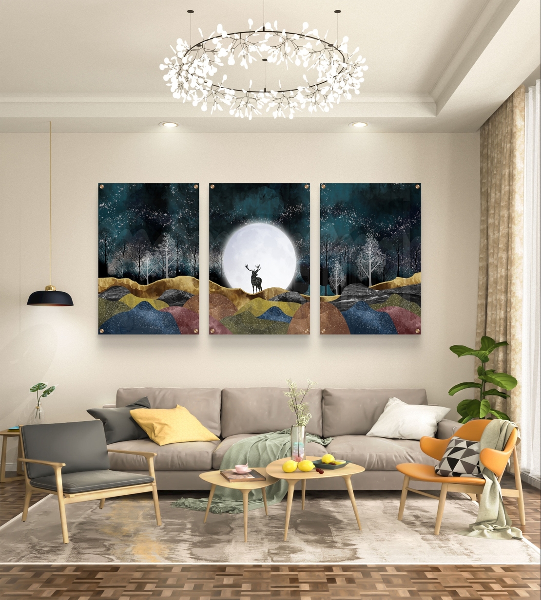 שלישיית תמונות זכוכית עם ירח מלא ואייל בנוף טבעי בגווני כחול וזהב, בעיצוב יוקרתי ומרגיע לסלון