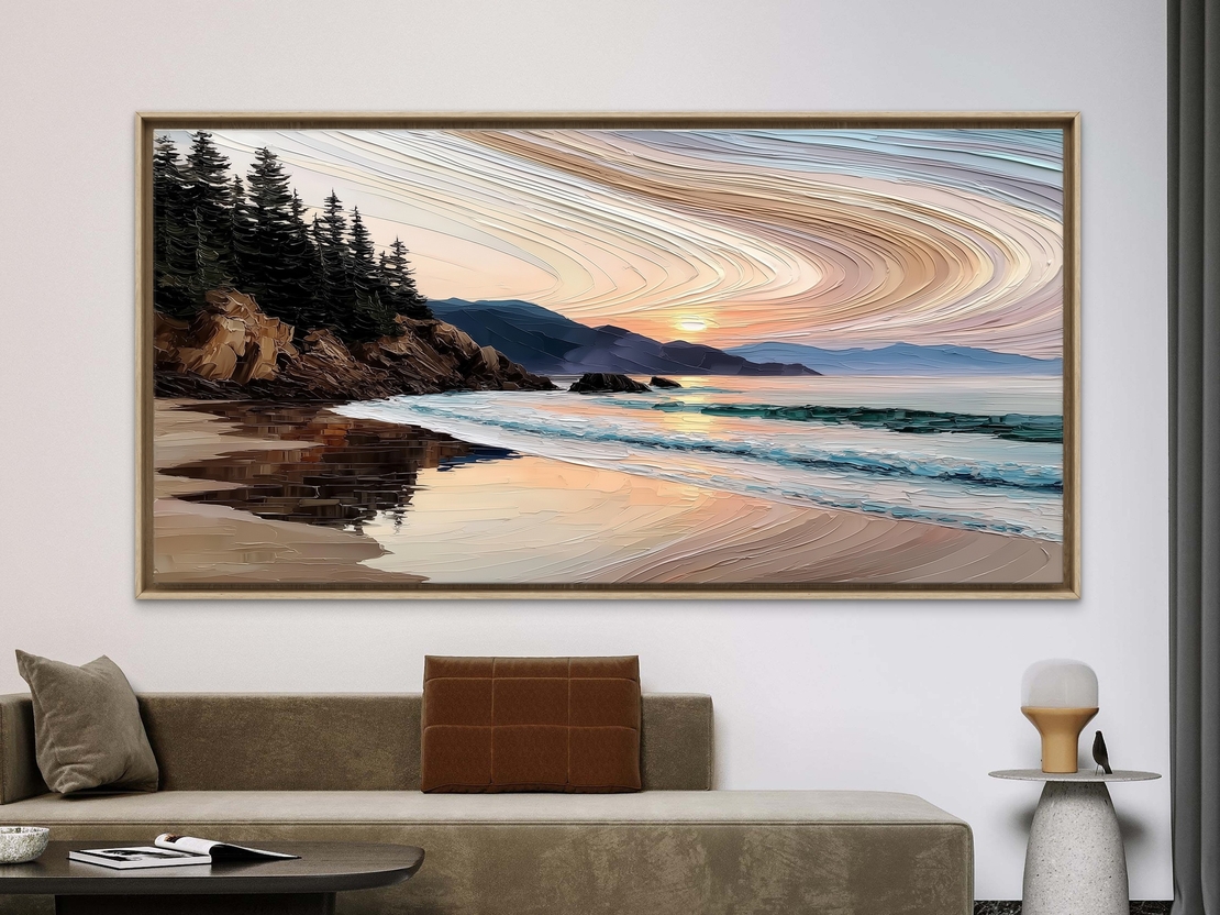תמונת קנבס של שקיעה בחוף עם קווים גרפיים רכים, הדפסה חלקה NEXTGEN BY BAR