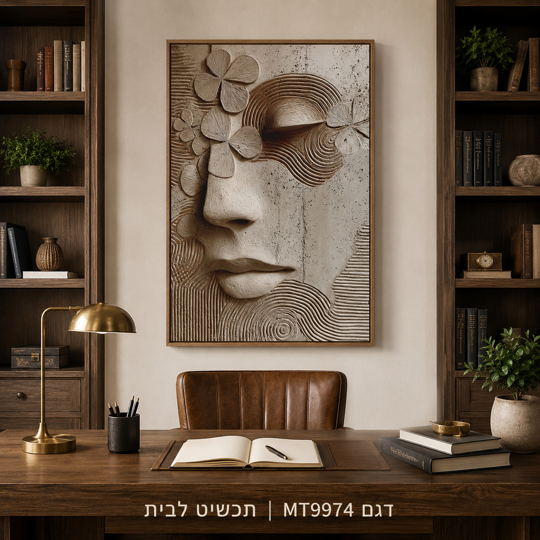 פני אישה עם פרחים – תמונת קנבס פיסול תבליט בגווני בז׳ ואפור | MT9974