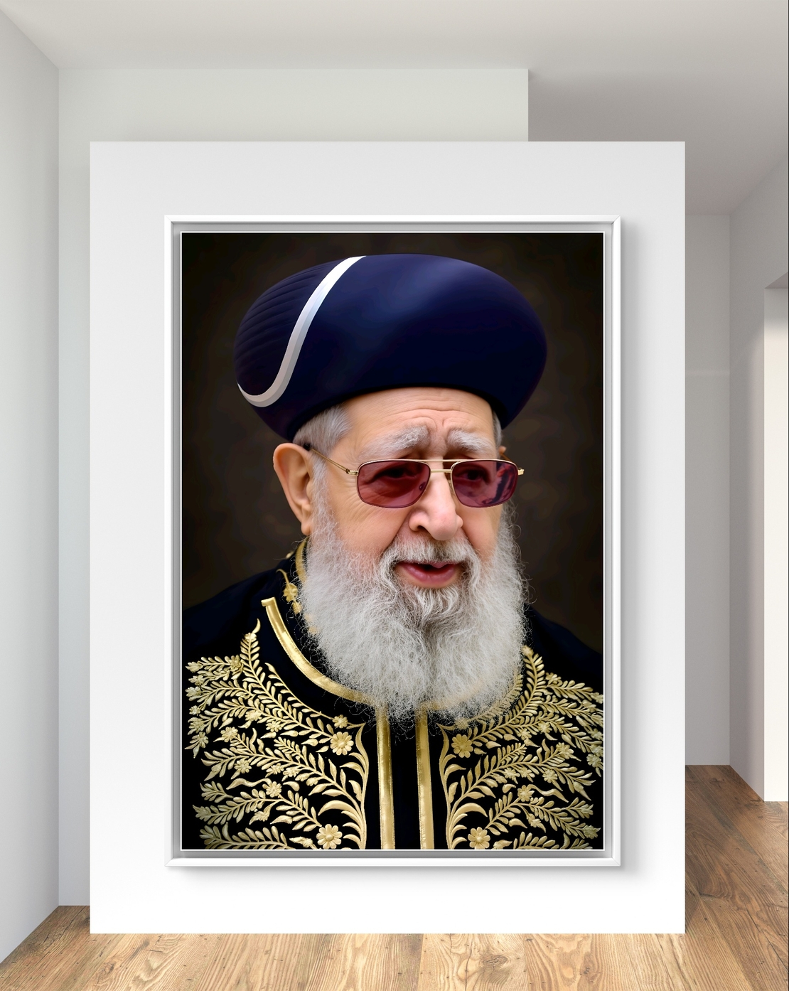 תמונת קנבס מרשימה של רב בלבוש מסורתי מעוטר ברקמות זהב, חובש כובע ייחודי וחובש משקפיים כהים – משדרת חוכמה והדר.