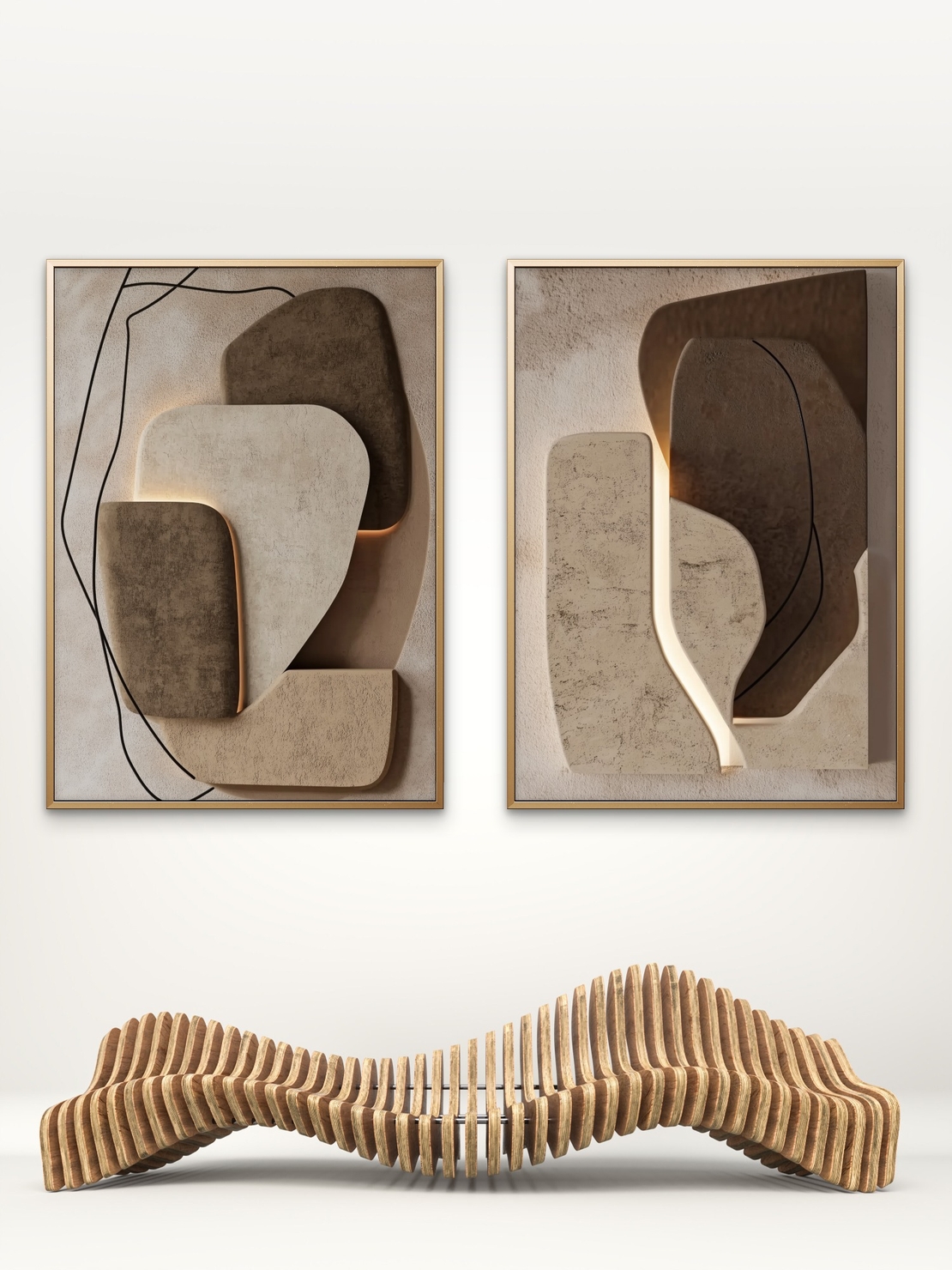 זוג תמונות קנבס בעיצוב מודרני בגווני בז' וחום עם קווים מינימליסטיים – מתוך קולקציית NEXTGEN BY BAR של תכשיט לבית.