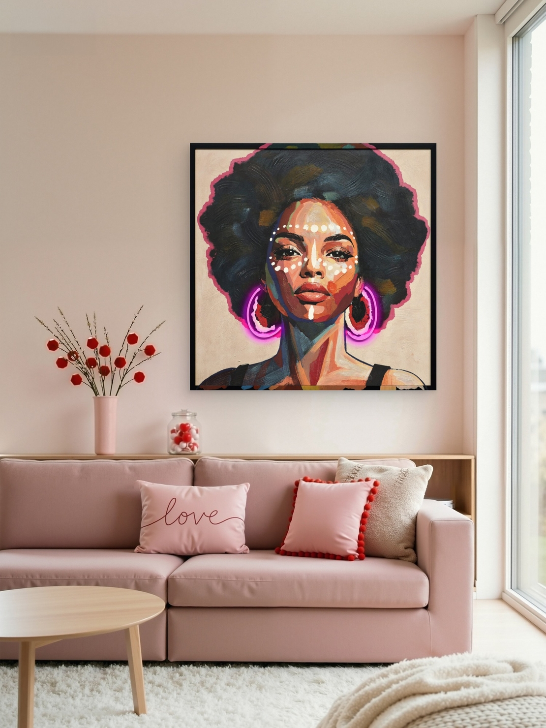 תמונת LED פורטרט אישה עם עגילי ניאון – הדפס משודרג עם מריחות צבע, מופעלת על סוללות עם שלט רחוק מידה 83*83 ס