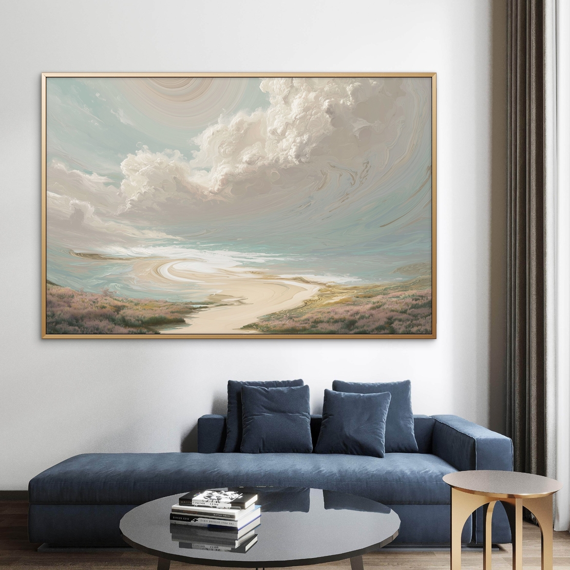 תמונת קנבס של חוף טבעי עם שמיים בתכלת-קרם ועננים מסתחררים – NEXTGEN BY BAR