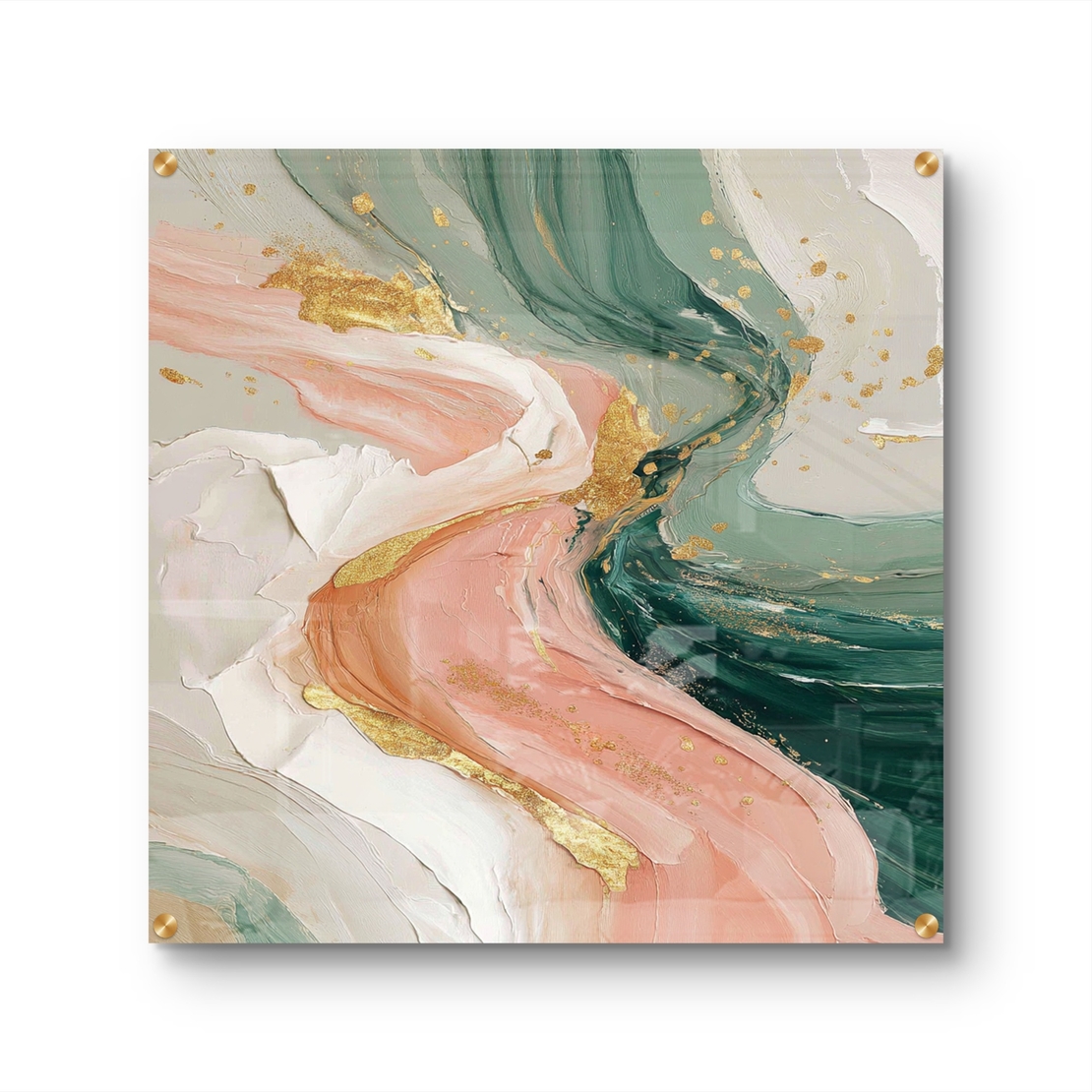 תמונת זכוכית אבסטרקטית מרובעת בגווני ירוק מרווה ורוד עם נגיעות זהב בעיצוב יוקרתי