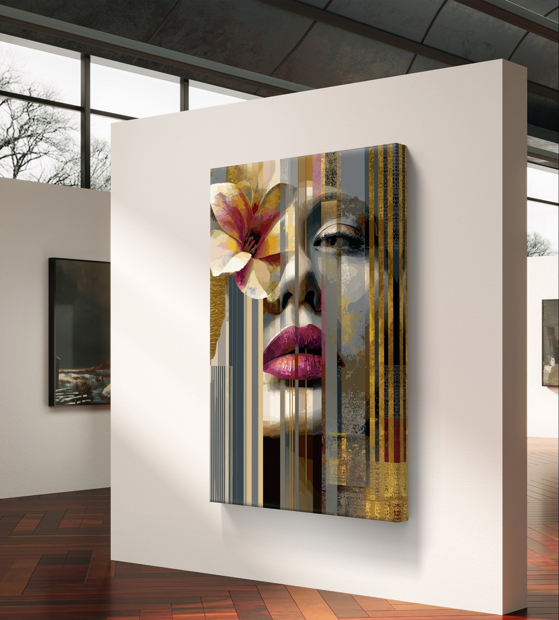 דיוקן נשי עם פרח וצבעי זהב – תמונת קנבס מודרנית יוקרתית | DX5114