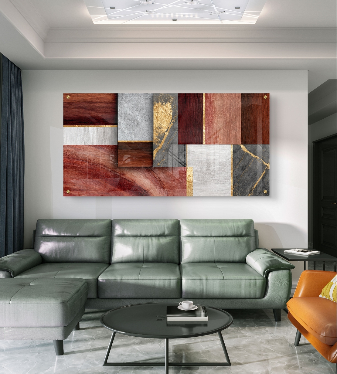 תמונת זכוכית לרוחב בעיצוב אבסטרקטי עם בלוקים גיאומטריים בגווני בורדו, חום, אפור ונגיעות זהב בהדפסה חלקה