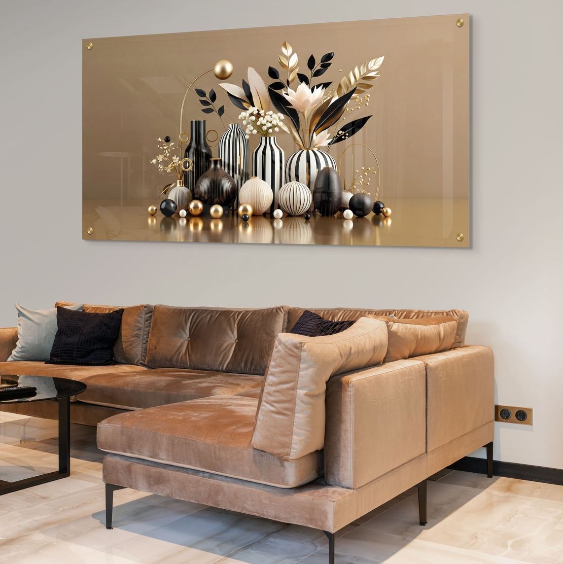 אגרטלים נואר – תמונת זכוכית טבע דומם עם אגרטלים שחור-זהב ופריחה מעוצבת | PN1005