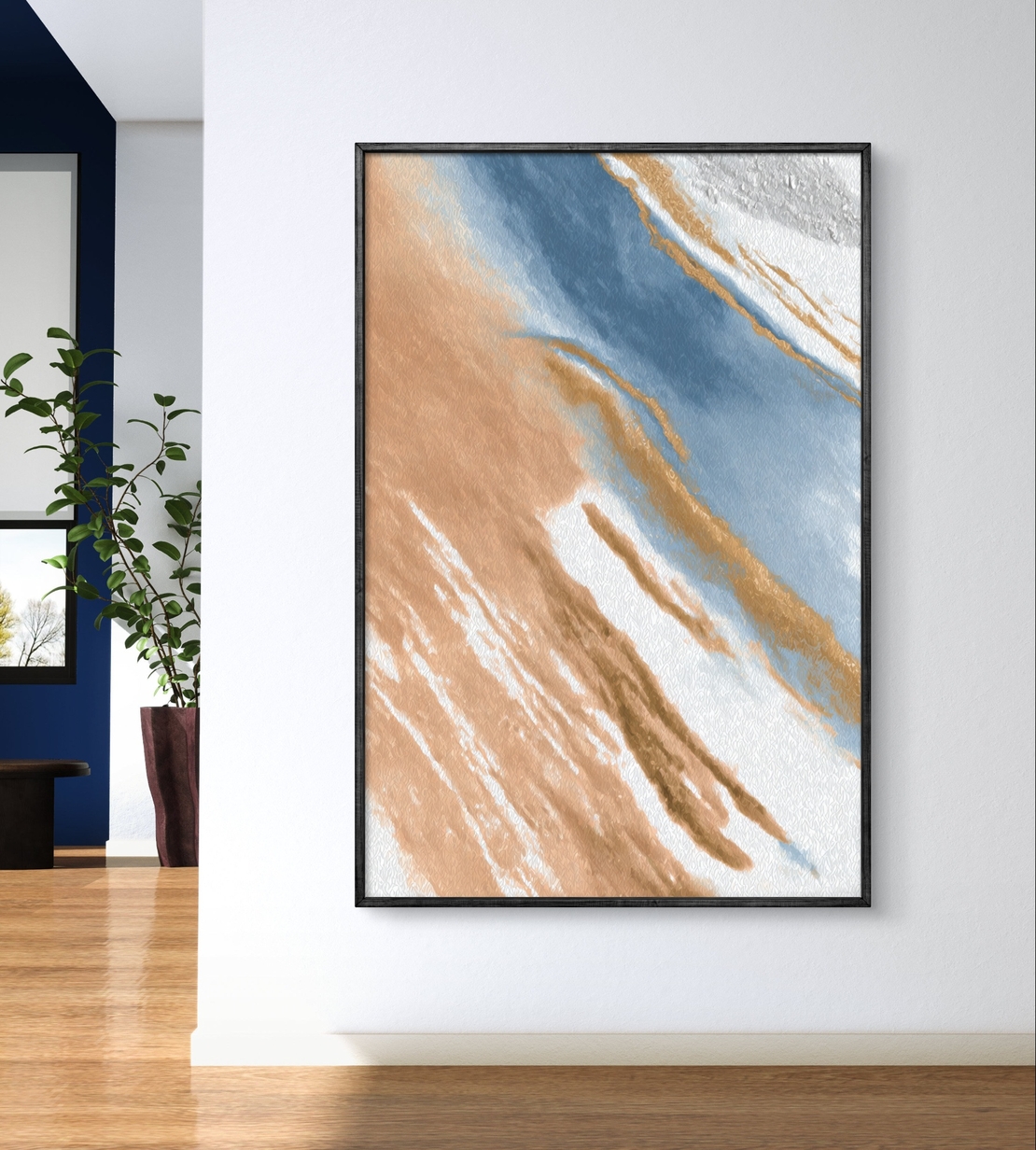 תמונת קנבס מופשטת בגווני חום, כחול ולבן בהדפסה חלקה וללא תבליט – תכשיט לבית