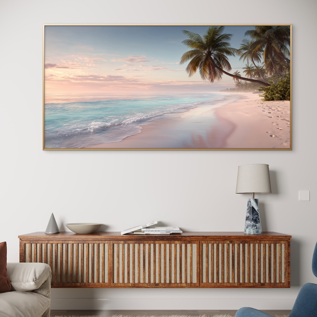 תמונת קנבס לרוחב של חוף טרופי בזריחה עם ים טורקיז ודקלים – NEXTGEN BY BAR