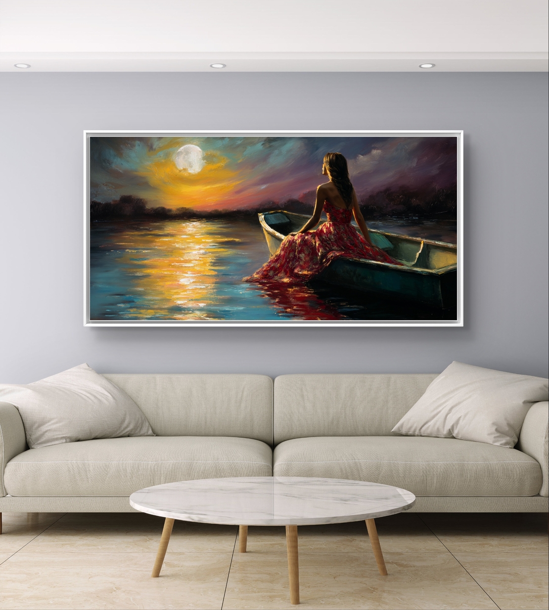 ירח על המים – תמונת קנבס אישה בסירה באווירה רומנטית לילית | CK7125