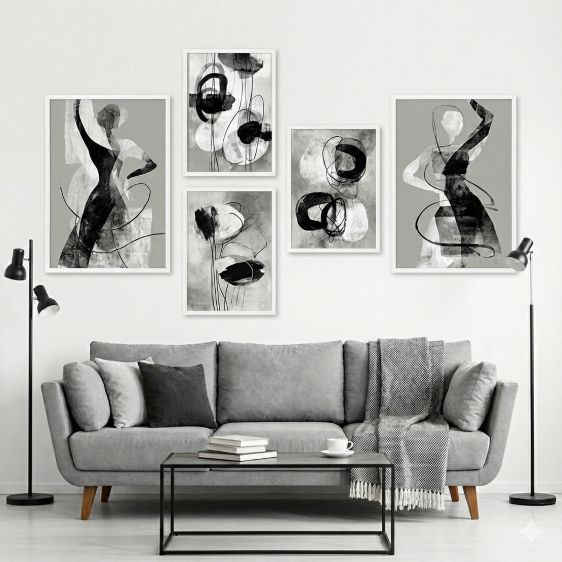 סט קנבס של חמש תמונות אבסטרקטיות בשחור ולבן עם קווים ודמויות בסגנון מודרני