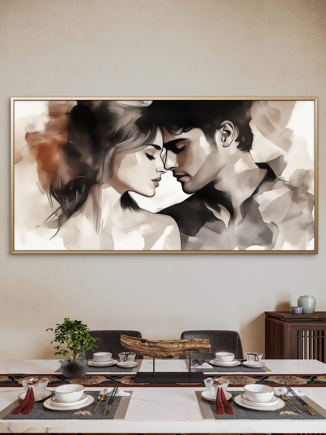 תמונת קנבס רומנטית של זוג מתקרב ברכות בגווני חום ולבן – עיצוב מודרני ועדין מתוך קולקציית NEXTGEN BY BAR של תכשיט לבית.