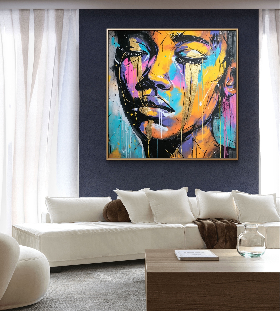 תמונת קיר פופ-ארט צבעונית עם דיוקן ואפקטי צבע וטקסטורה חזקה לסלון