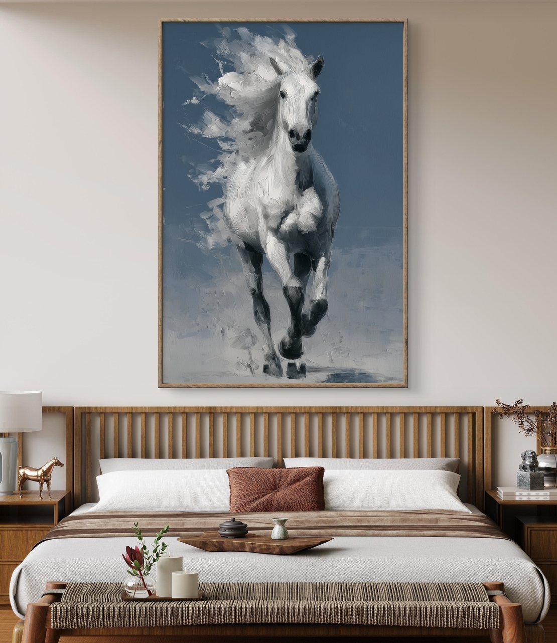 תמונת קנבס של סוס לבן דוהר על רקע כחול עמוק