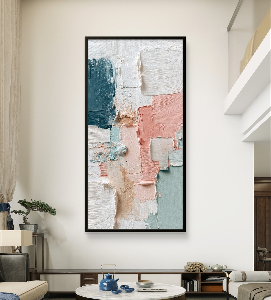 קנבס מודרני בגווני ורוד פודרה וטורקיז מעושן.
