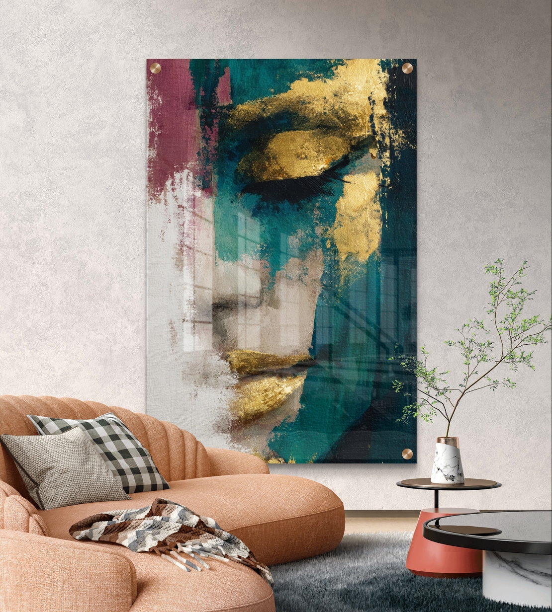 תמונת זכוכית מודרנית של דיוקן נשי מופשט בגווני תורכיז, בורדו וזהב – תכשיט לבית