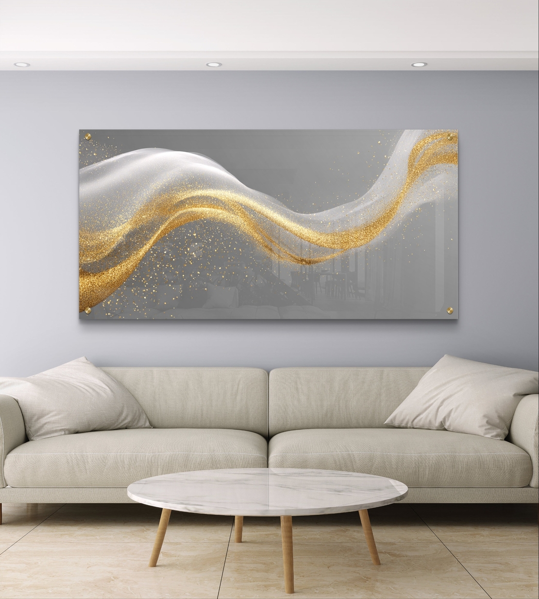 תמונת זכוכית לרוחב עם גל אבסטרקטי בגווני אפור וזהב בעיצוב יוקרתי