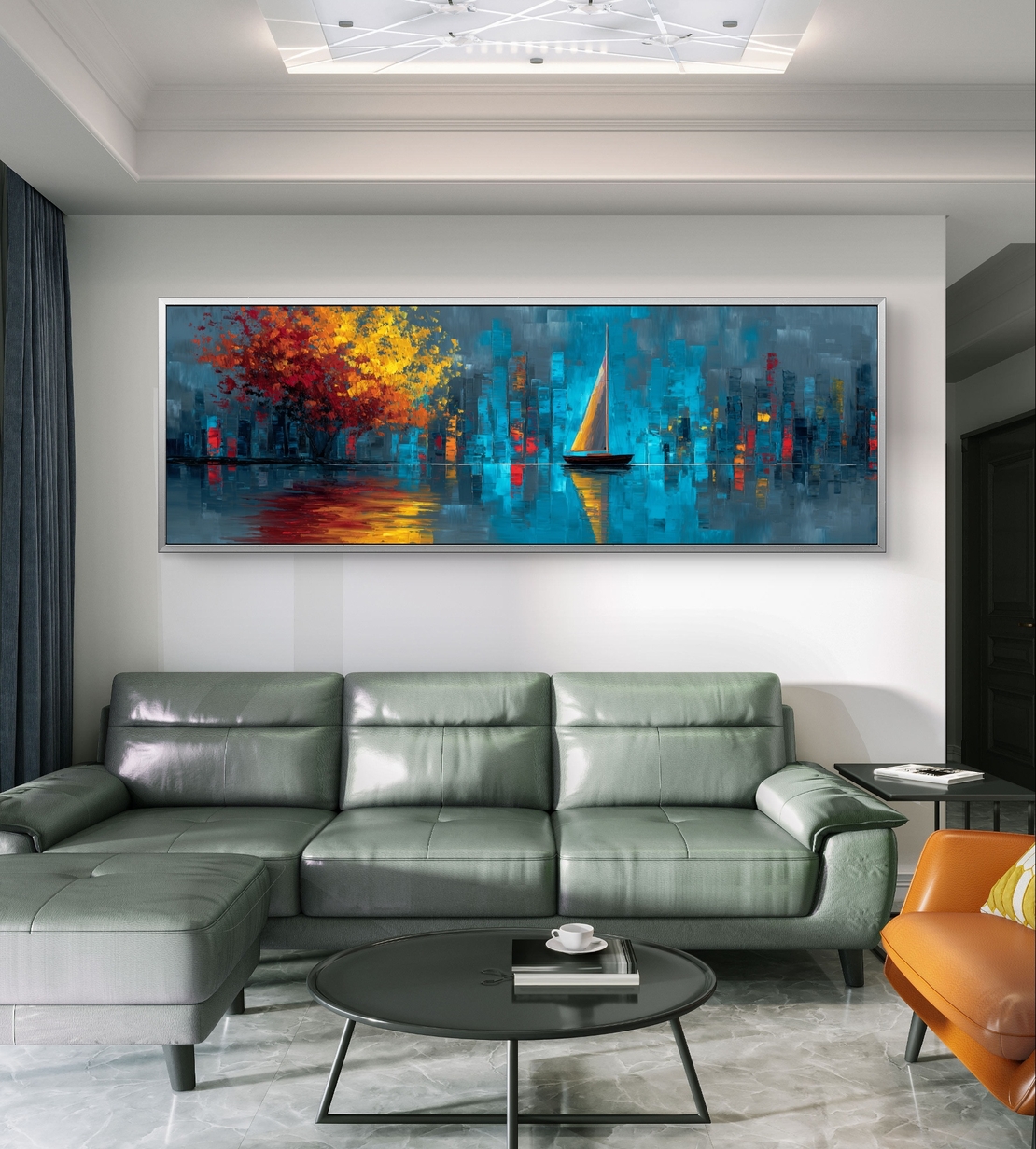 תמונה פנורמית מודרנית עם עץ אדום בוהק ועיר טורקיז ברקע.