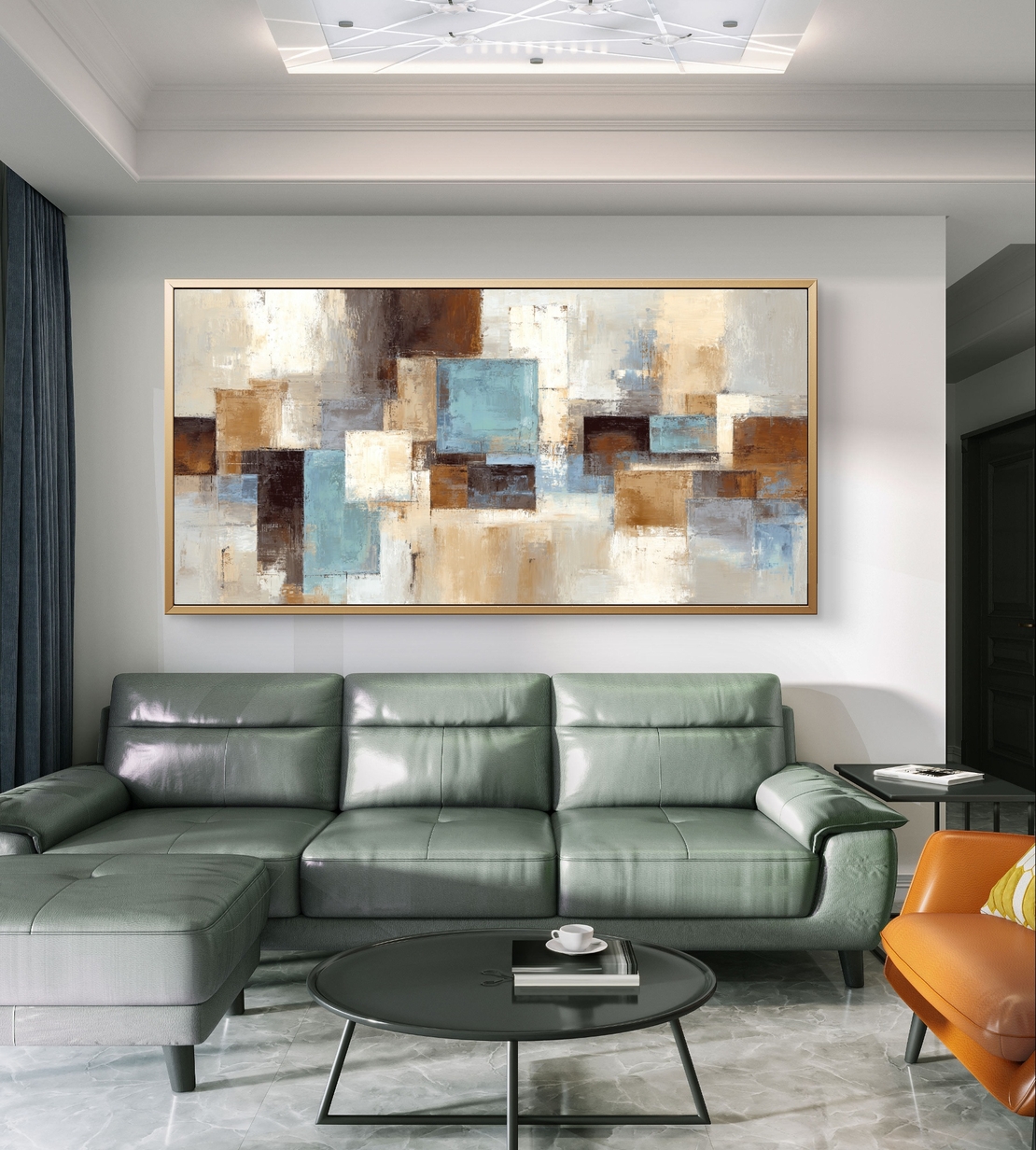 ציור גיאומטרי מודרני לקיר בגוונים רגועים של תכלת ושמנת