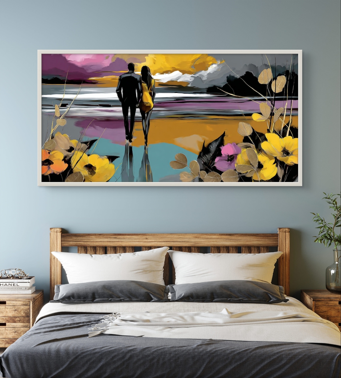 קנבס רומנטי בגווני זהב, סגול וטורקיז עם פרחים בקדמת התמונה