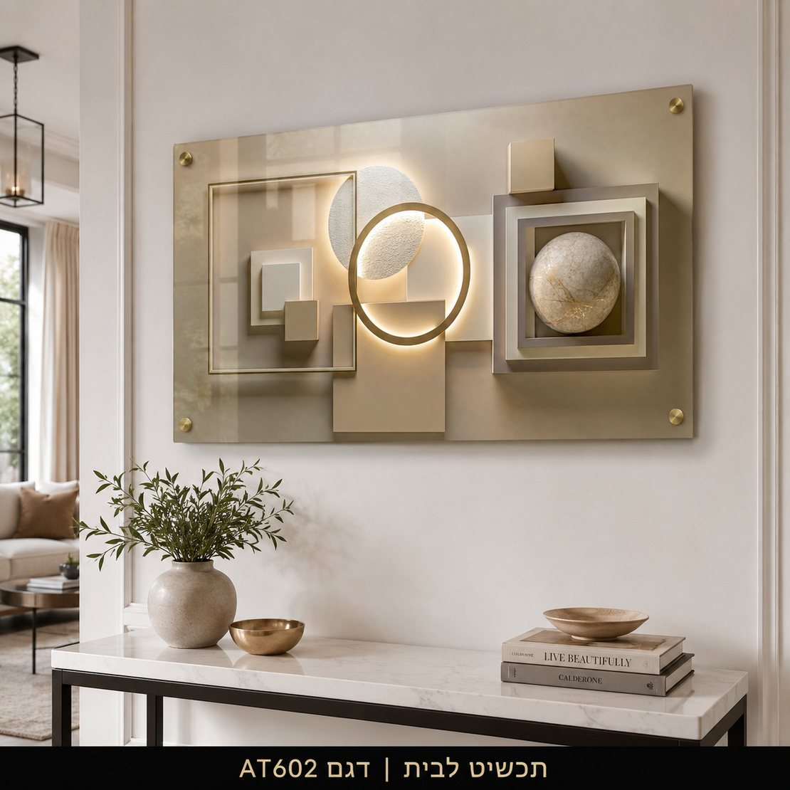 הרמוניה גיאומטרית מוארת – תמונת זכוכית לרוחב אבסטרקט יוקרתי לסלון | AT602