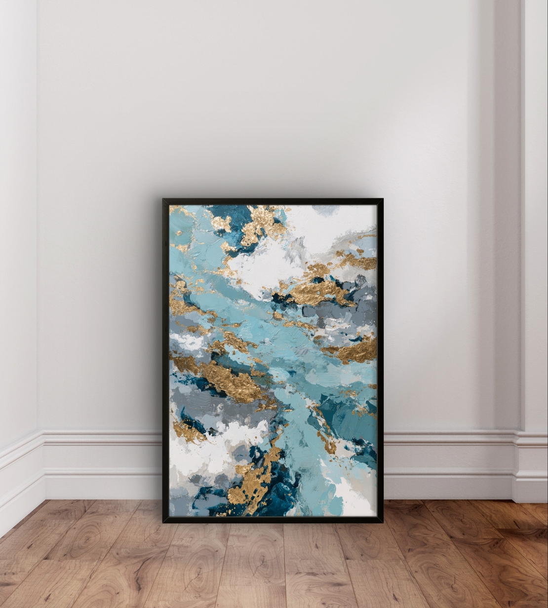 תמונת קנבס אבסטרקטית בגווני תכלת, כחול ולבן עם נגיעות זהב בעיצוב יוקרתי ואלגנטי לבית