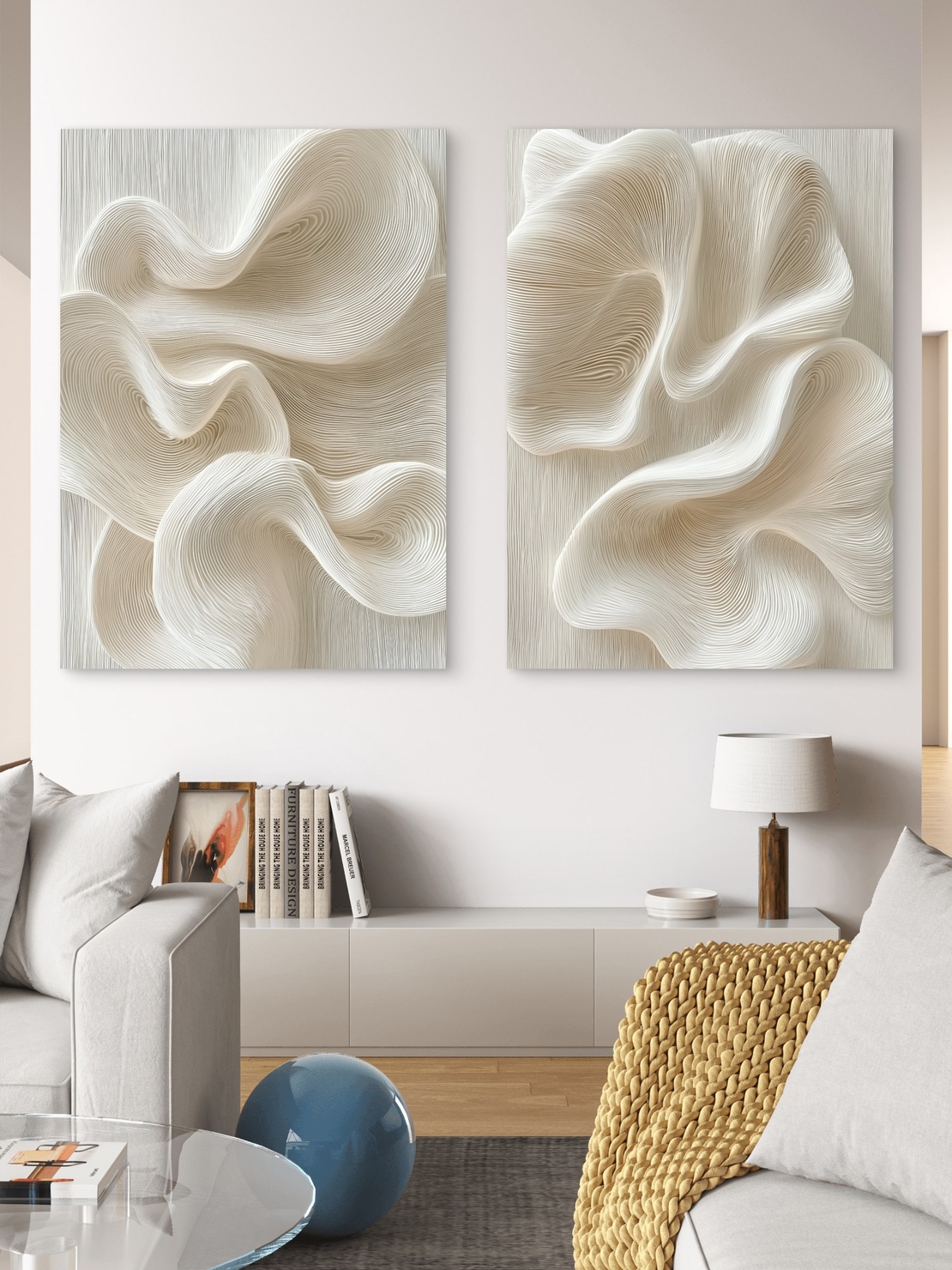 זוג תמונות קנבס בגווני בז' ולבן, בעיצוב מופשט של גלים רכים ותנועה טבעית, הדפסה חלקה ואיכותית מבית תכשיט לבית – NEXTGEN BY BAR.