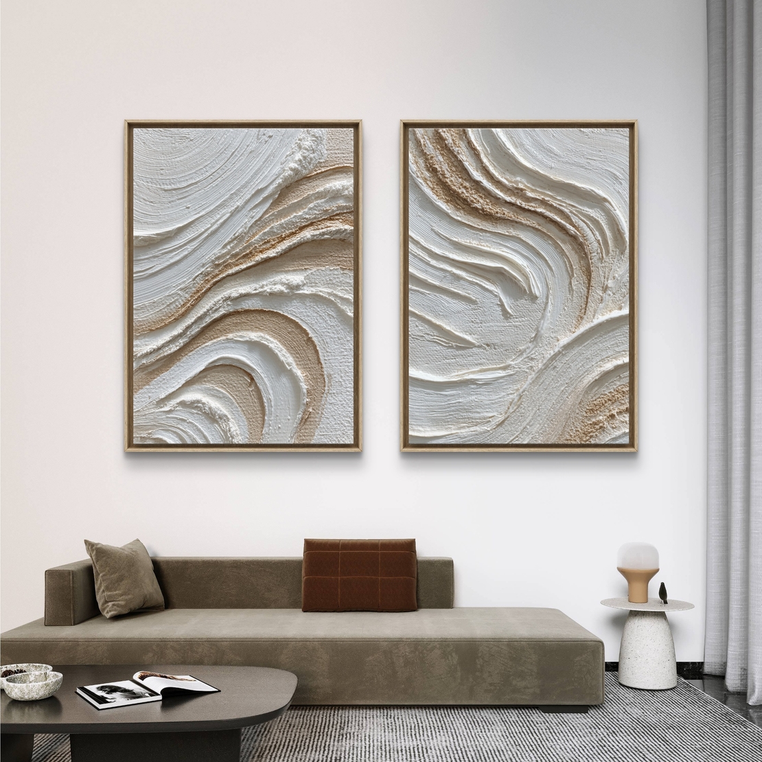 זוג תמונות קנבס גלים טקסטורליים בגווני שמנת ובז׳ – דגם TL8554
